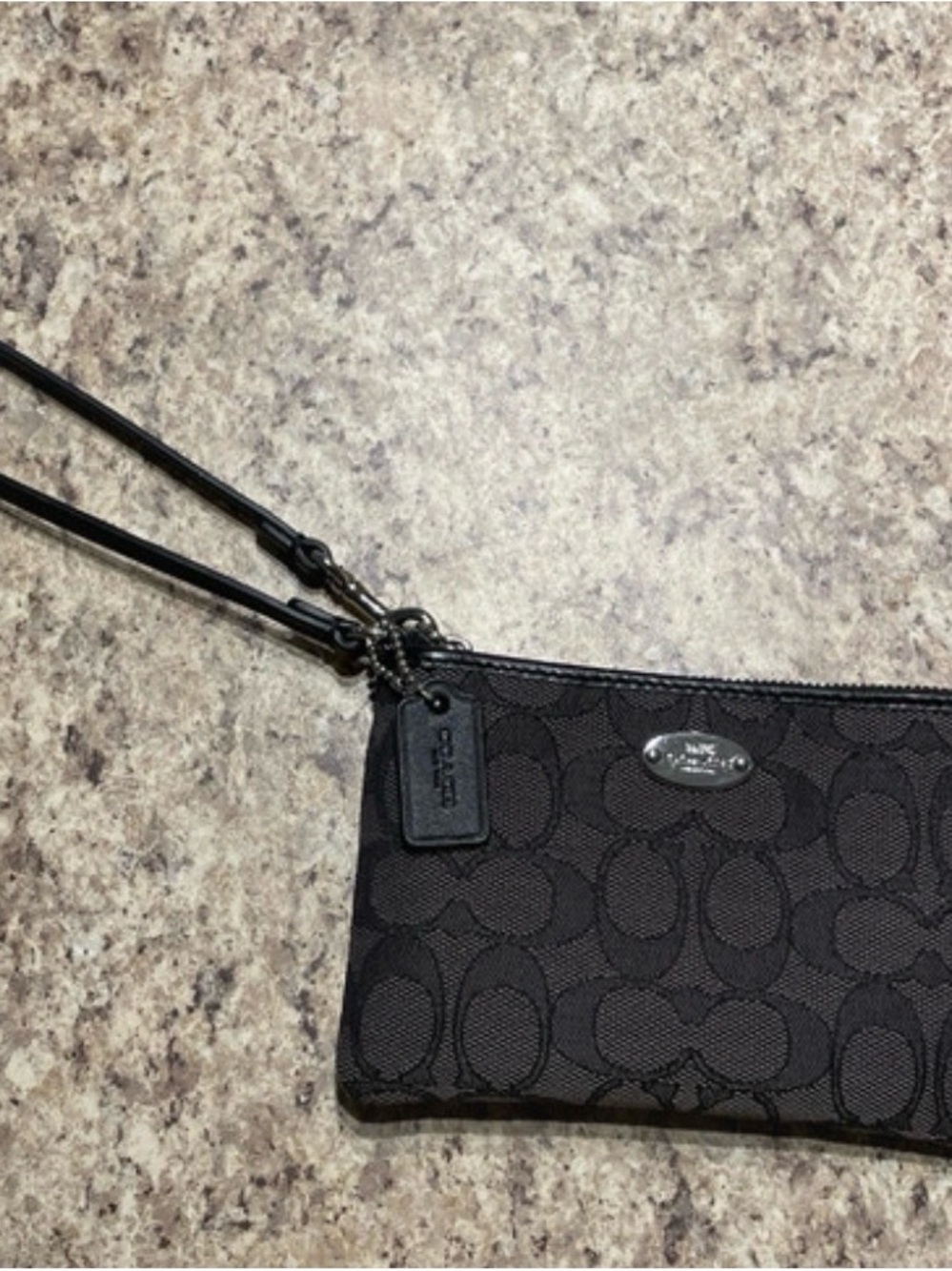 Unused COACH Black Signature Jacquard Corner Zip Wristlet with Leather Strap